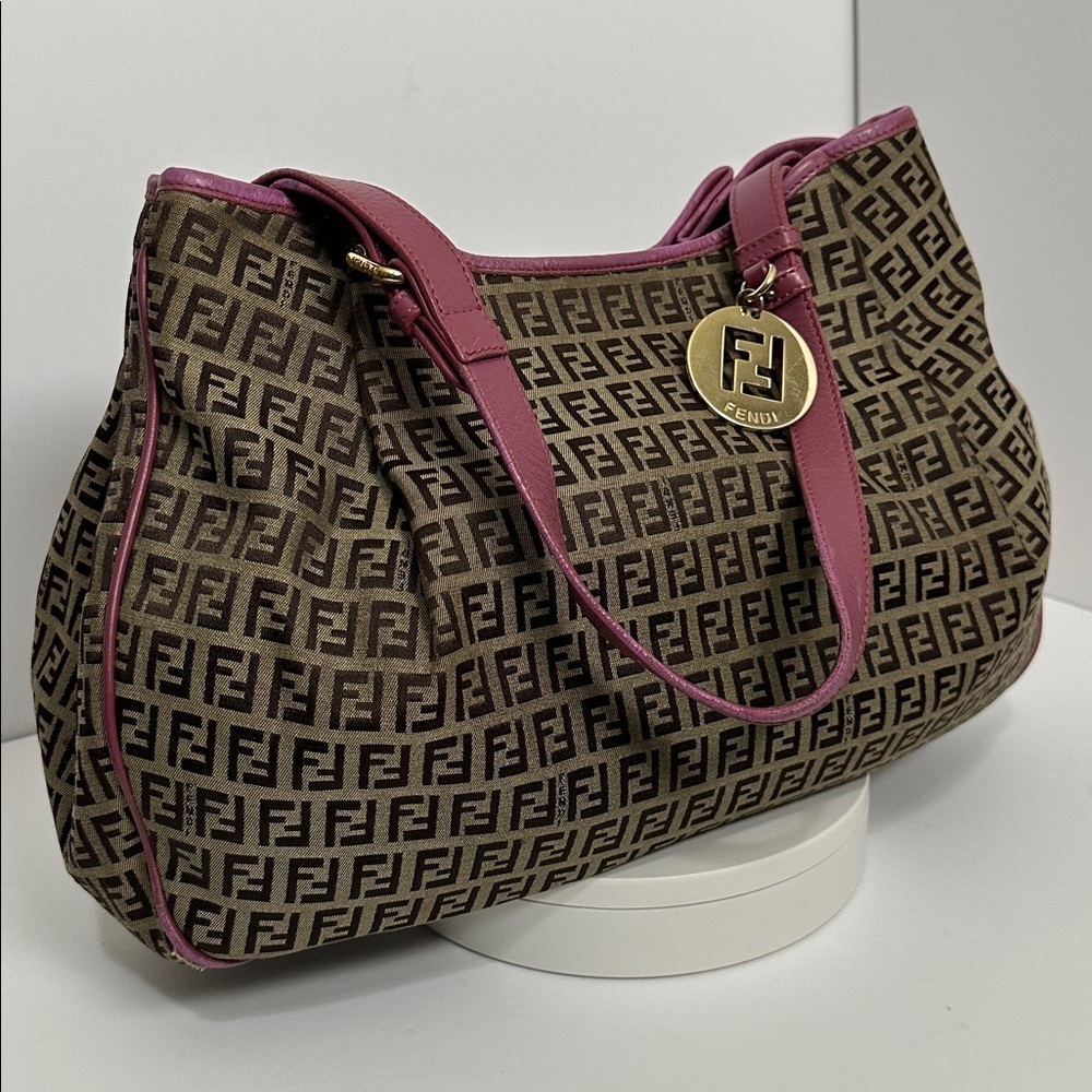 💯Authentic Fendi Zucchino Canvas and Leather Charm Shoulder Bag🍀 - Picture 11 of 17